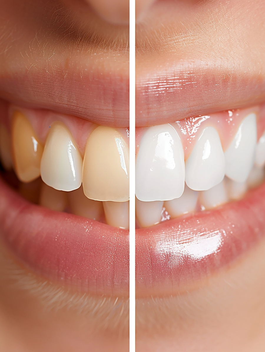 Before and After Teeth Whitening Close-Up: Stained vs. White Teeth Comparison