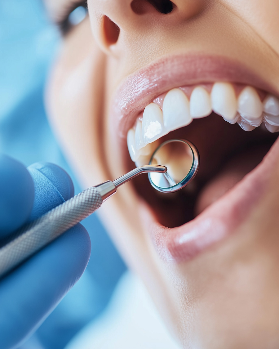 Dental checkup with mirror and scaler tool close-up