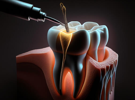 Illustrated dental instrument treating the inside of a tooth